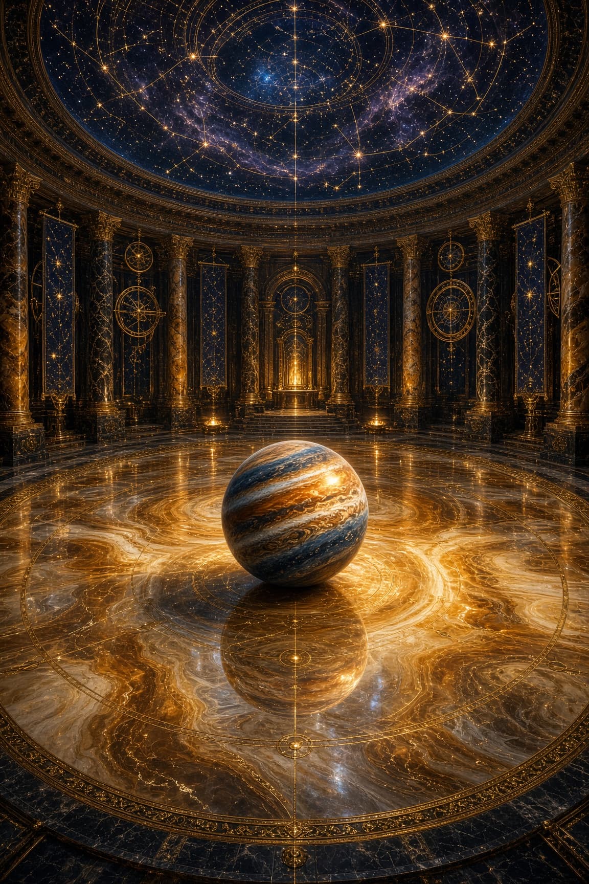 A circular temple floor of polished onyx a single bright planet rolling across i