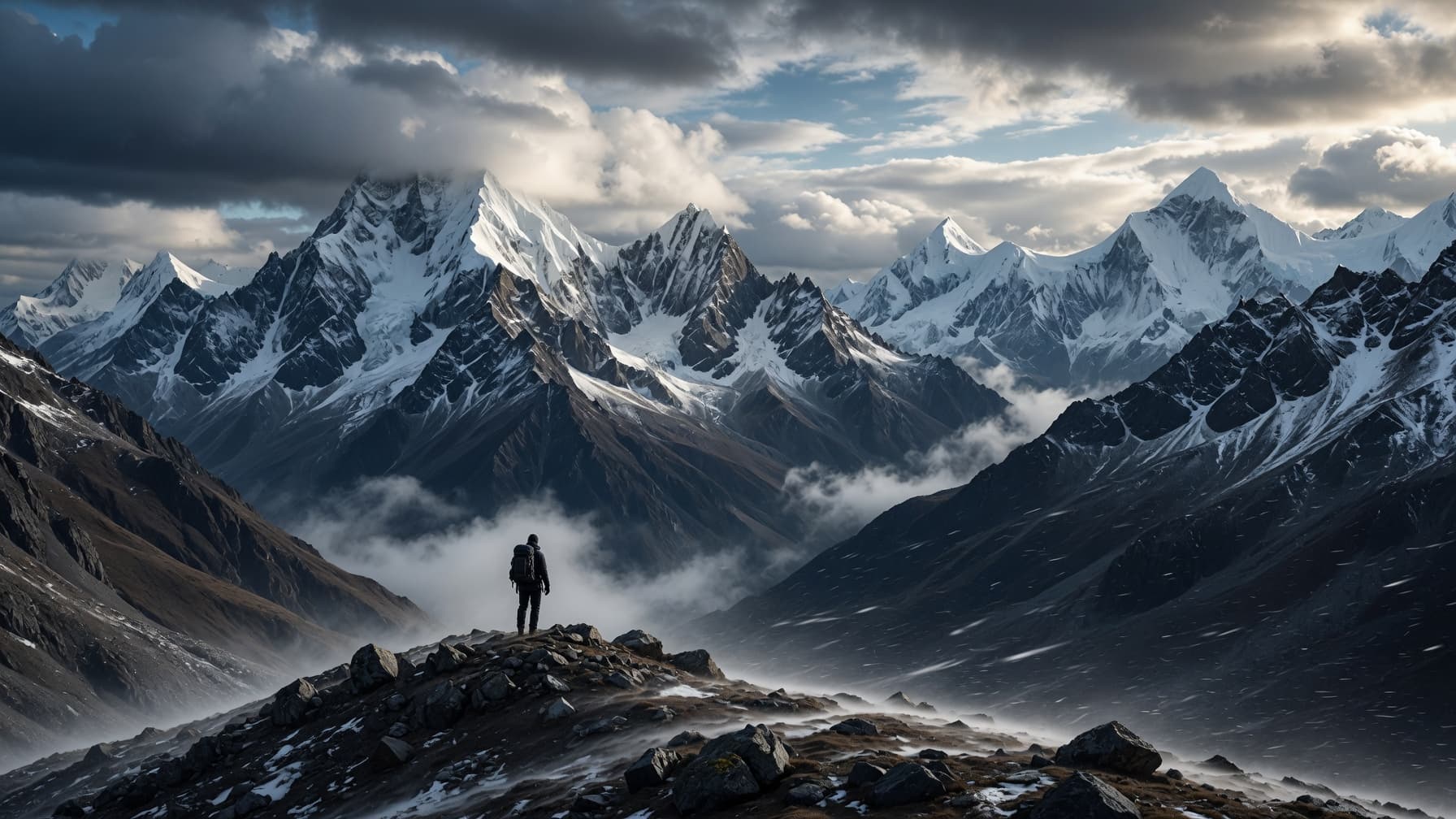 A powerful professional expedition photograph of a lone tiny hiker with backpack