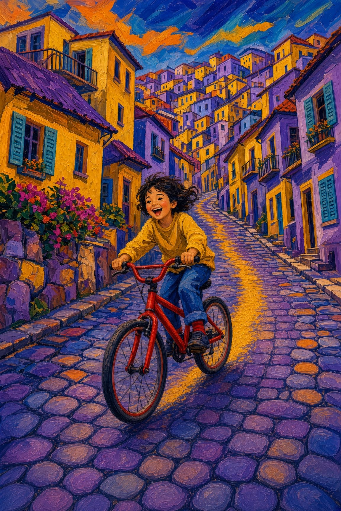 A child on a red bicycle racing down a hill of stacked yellow and violet houses 