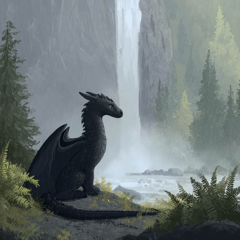 A compact dark-grey dragon with rounded snout, tiny nubby horns, and half-spread