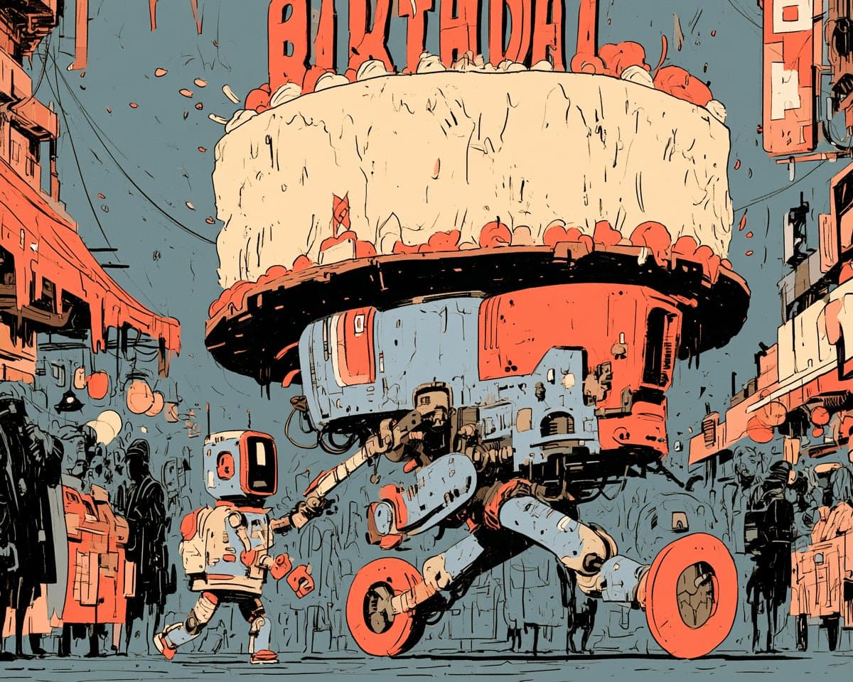 A small robot courier carrying an enormous birthday cake through a crowded futur