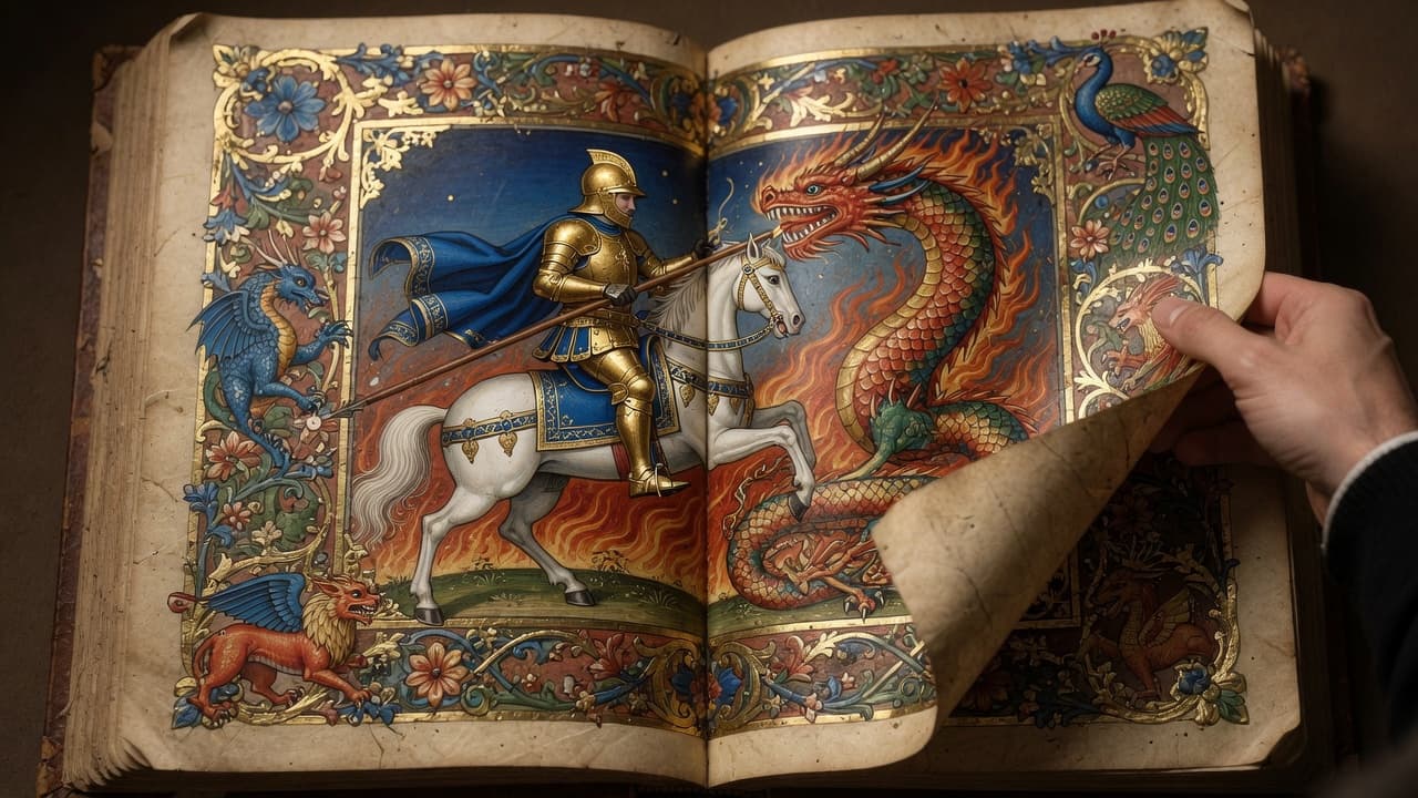 Knight in gilded armor battling fiery dragon on vellum page, ornate floral borde