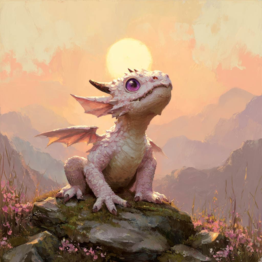 A palm-sized pale lavender dragon hatchling with pearlescent