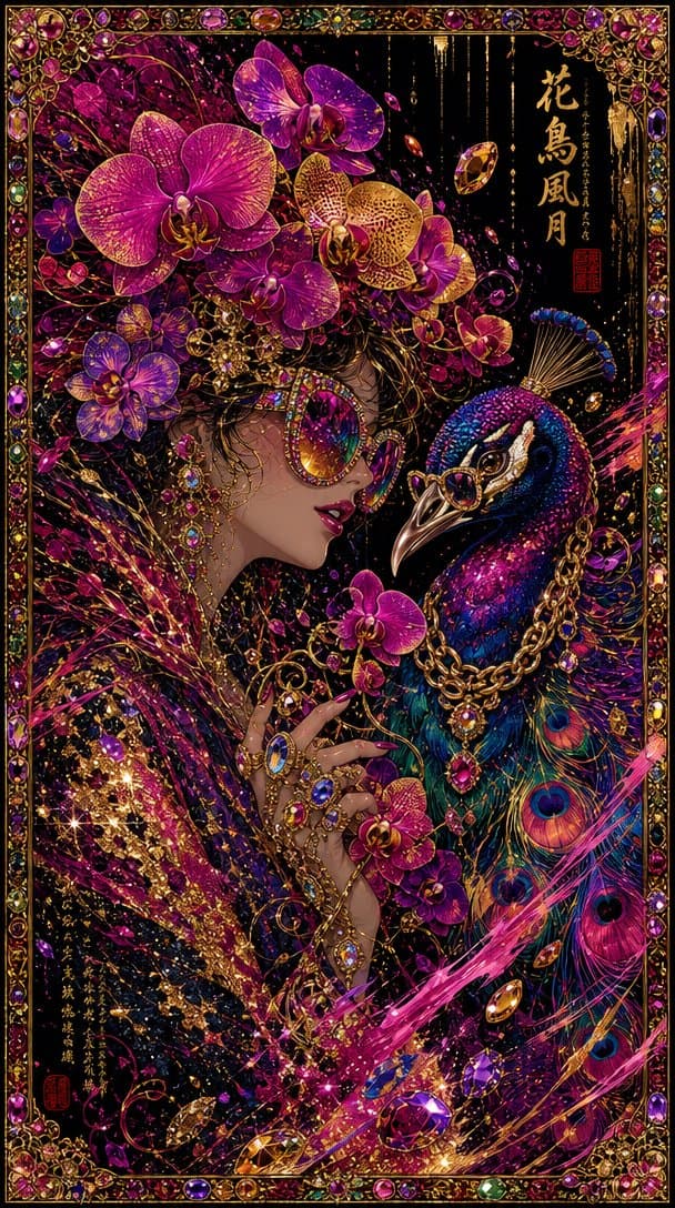 A sultry figure in sharp profile, a cascade of vivid multicolor orchids — fuchsi