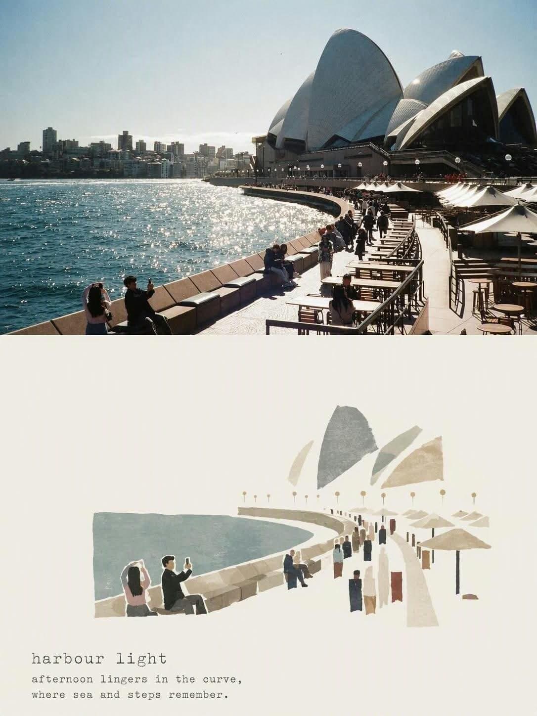 Transform the reference photograph into a minimalist editorial travel-journal po