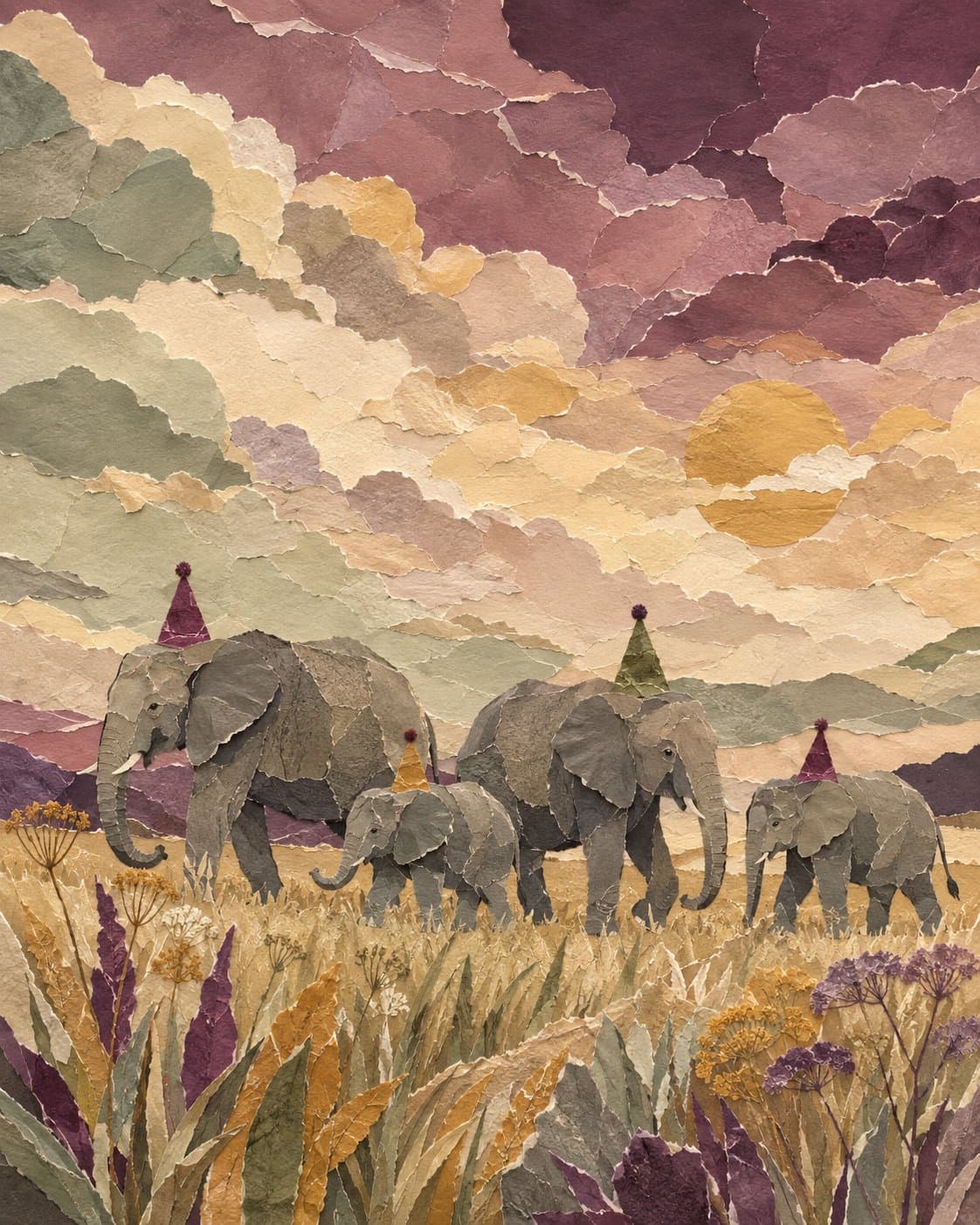 Create a small herd of elephants wandering through tall late-summer grass beneat