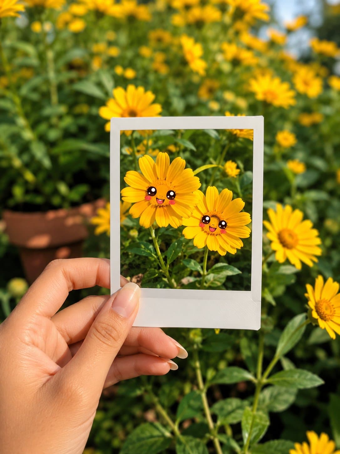 Create a realistic, warm-toned photograph of a lush garden filled with bright ye