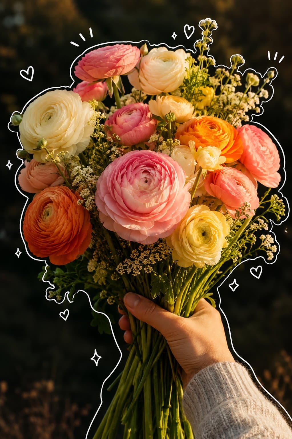 Create a photorealistic photograph of a beautiful, abundant bouquet of ranunculu