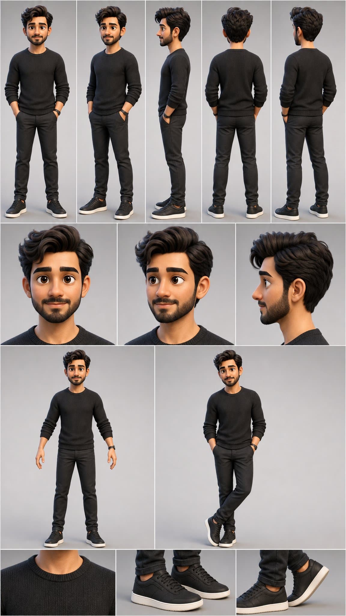 Create a professional FULL 3D ANIMATED CARTOON CHARACTER REFERENCE SHEET using t