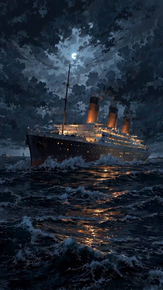 A cinematic, ultra-realistic scene of a massive vintage ocean liner sailing thro