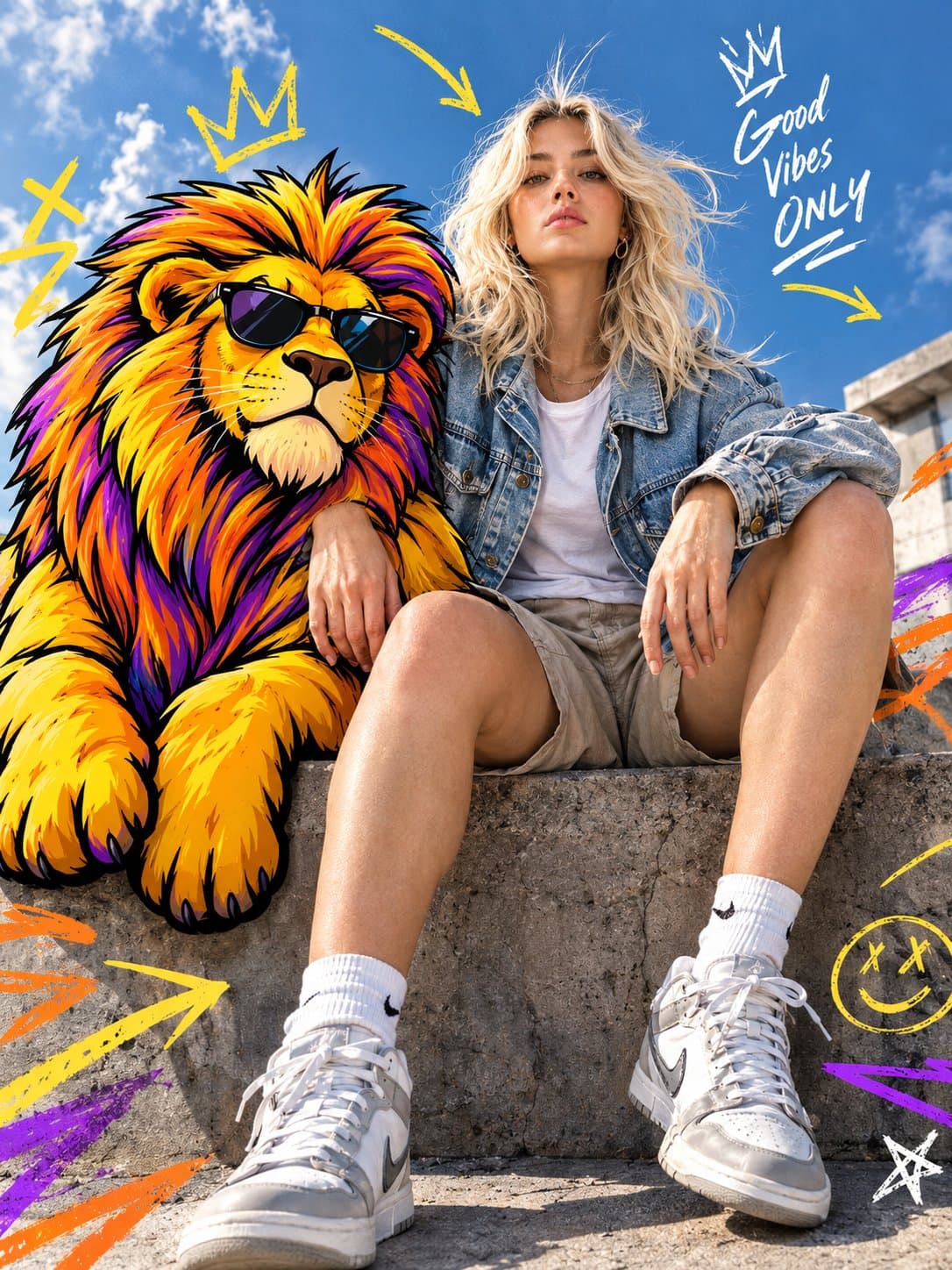 Full-body fashion editorial shot of a confident young person model sitting casua