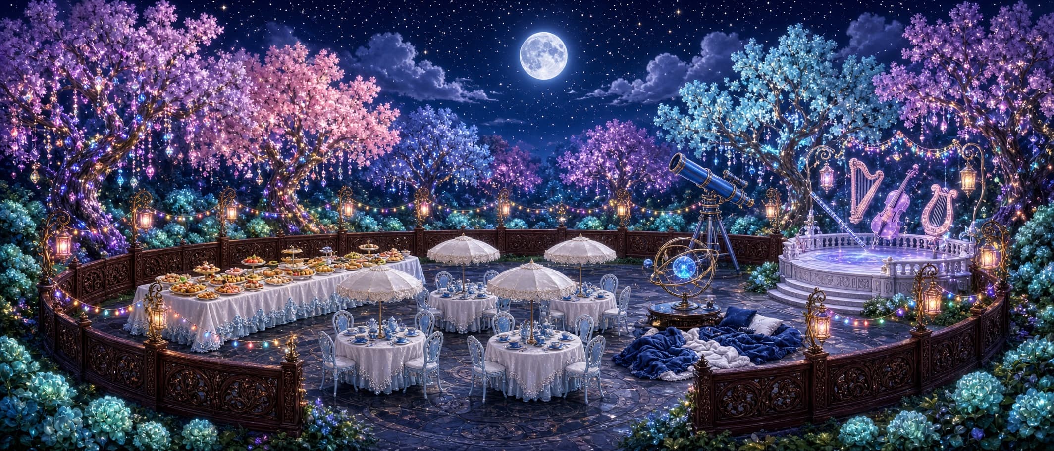 Late Night Gathering
"An image of a large magic forest clearing, with a large ga