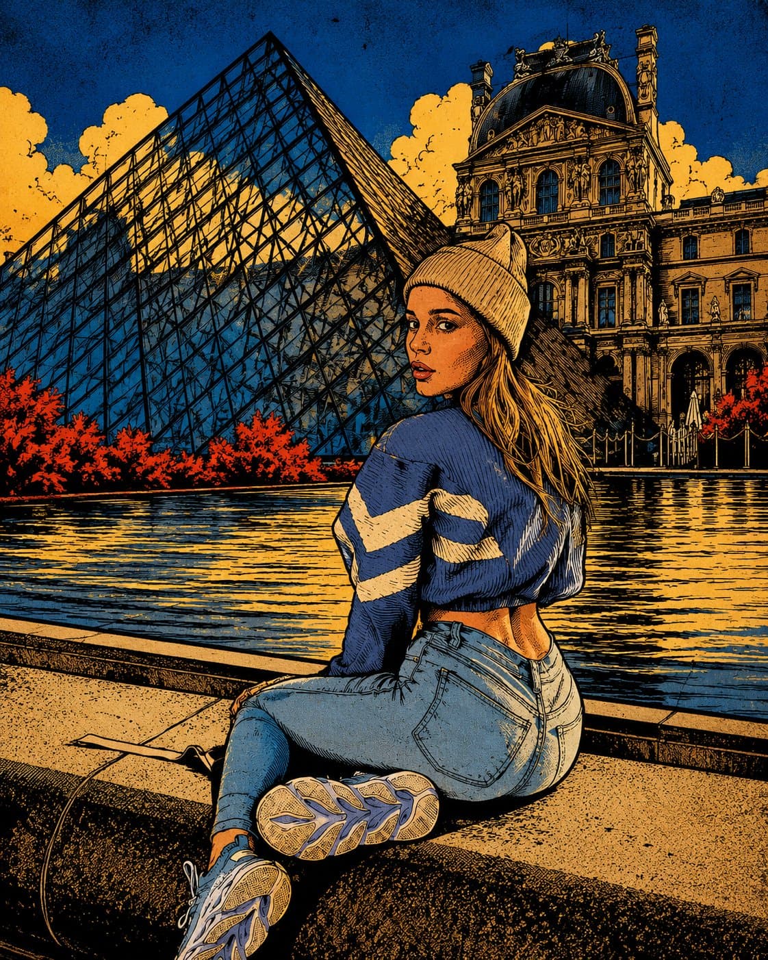 Pop-art comic-style illustration by Frank Miller. Of the attached model. Finely 