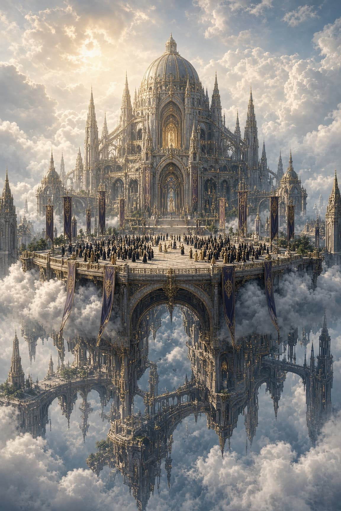 A sky-cathedral anchored to a mountain of cloud its whole congregation standing 