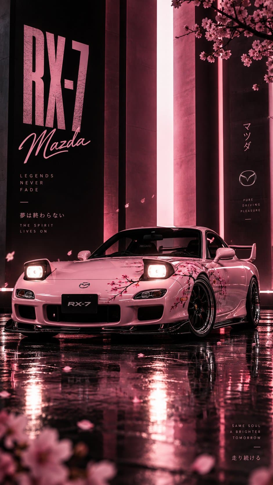 Create a high-end cinematic automotive studio poster featuring a pink Mazda RX-7