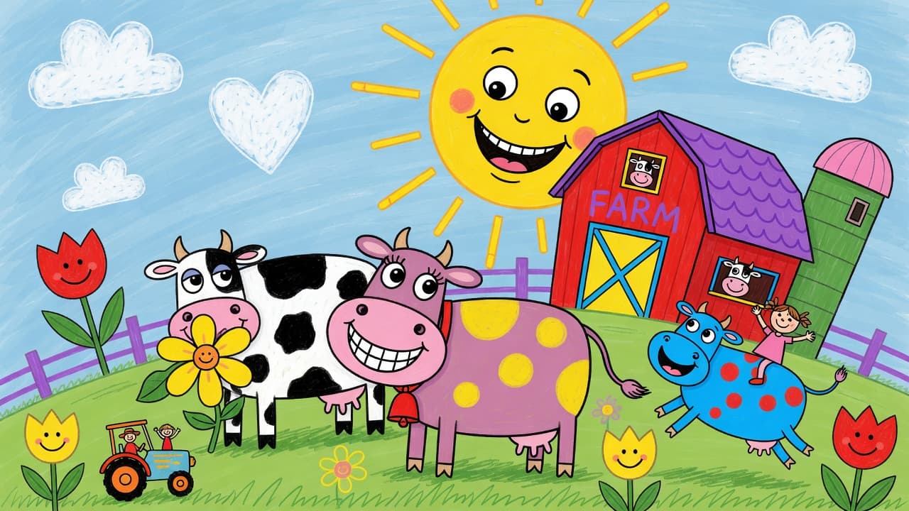 Joyful childlike farm scene with oversized cows, crooked barn, and smiling sun in askew pe