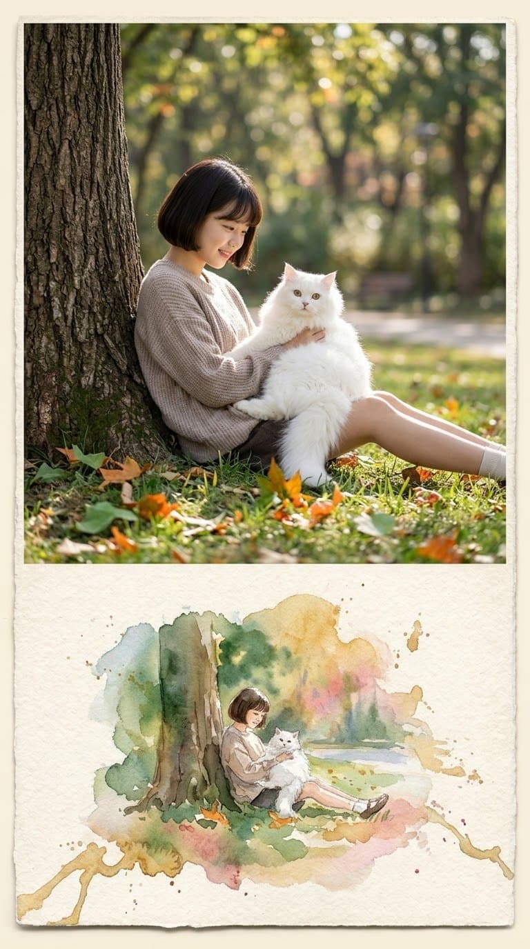 Pure, peaceful joy captured in soft watercolor. Prompt: A vertical split-composi