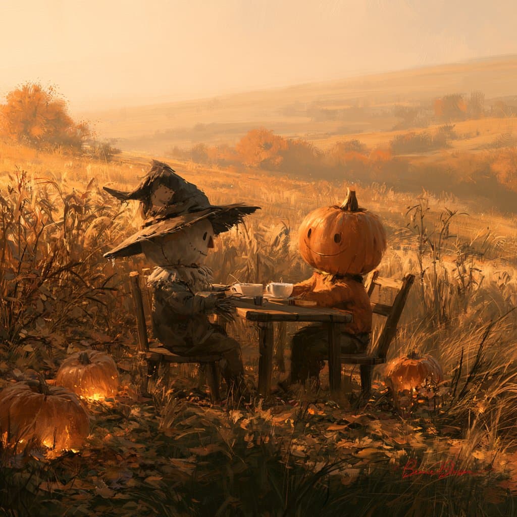 A scarecrow and a pumpkin man sitti | GPT Image Prompt