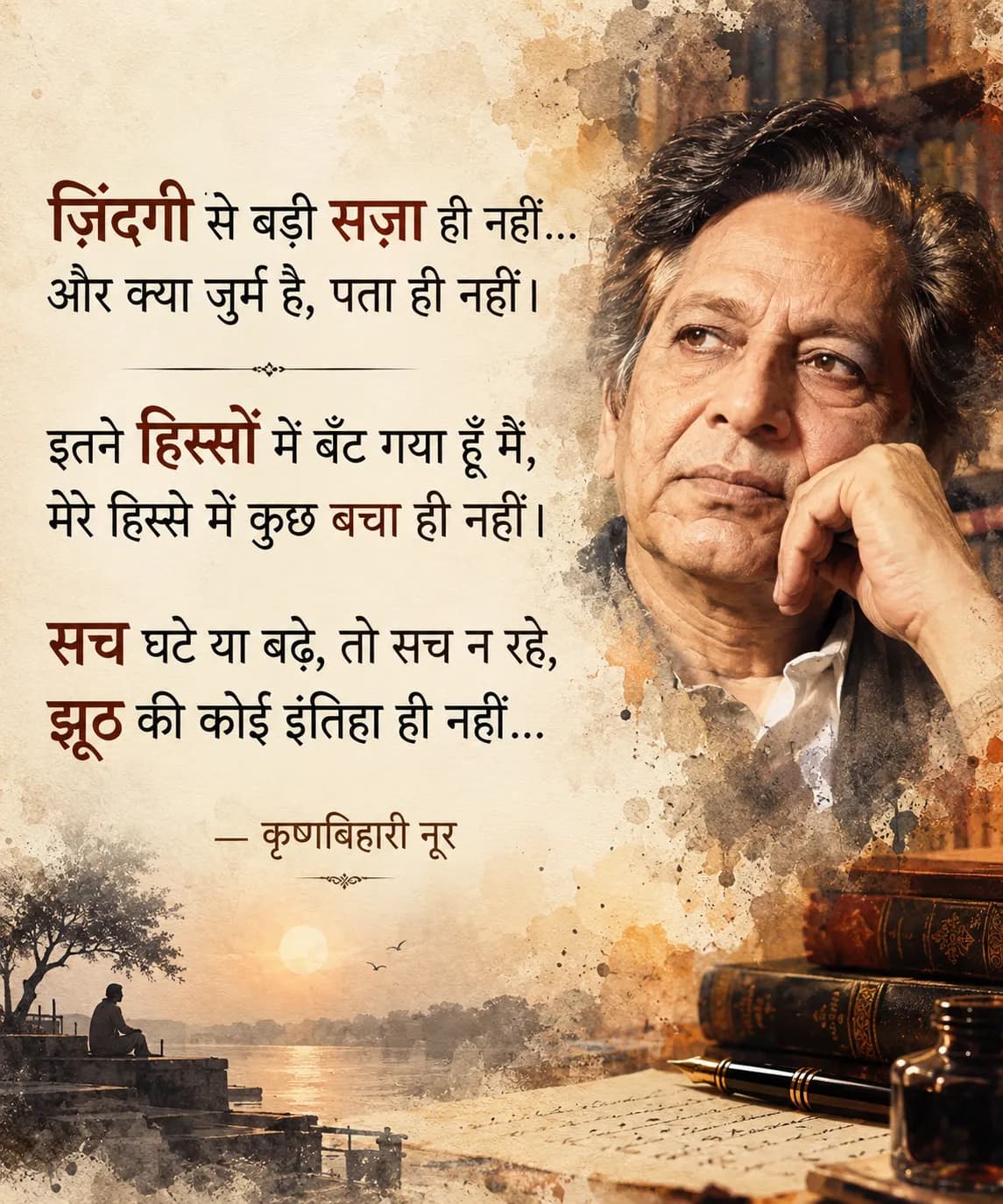 Create an elegant Hindi motivational quote poster in a premium watercolor and di